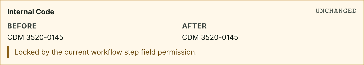A locked field: the current workflow step doesn't permit changing it, enforced on the server