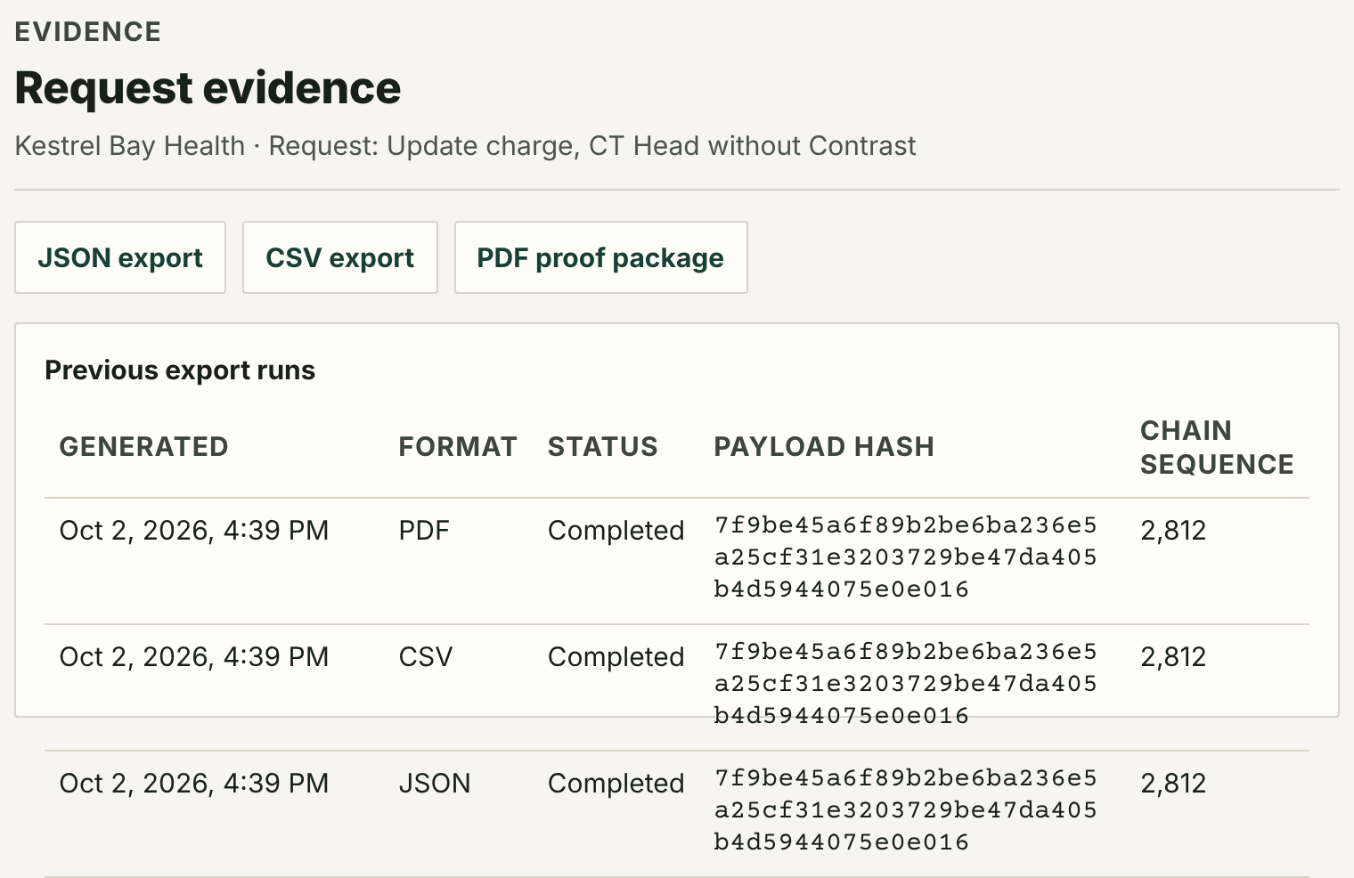 A request's proof export as JSON, CSV or PDF with a hash-verifiable manifest