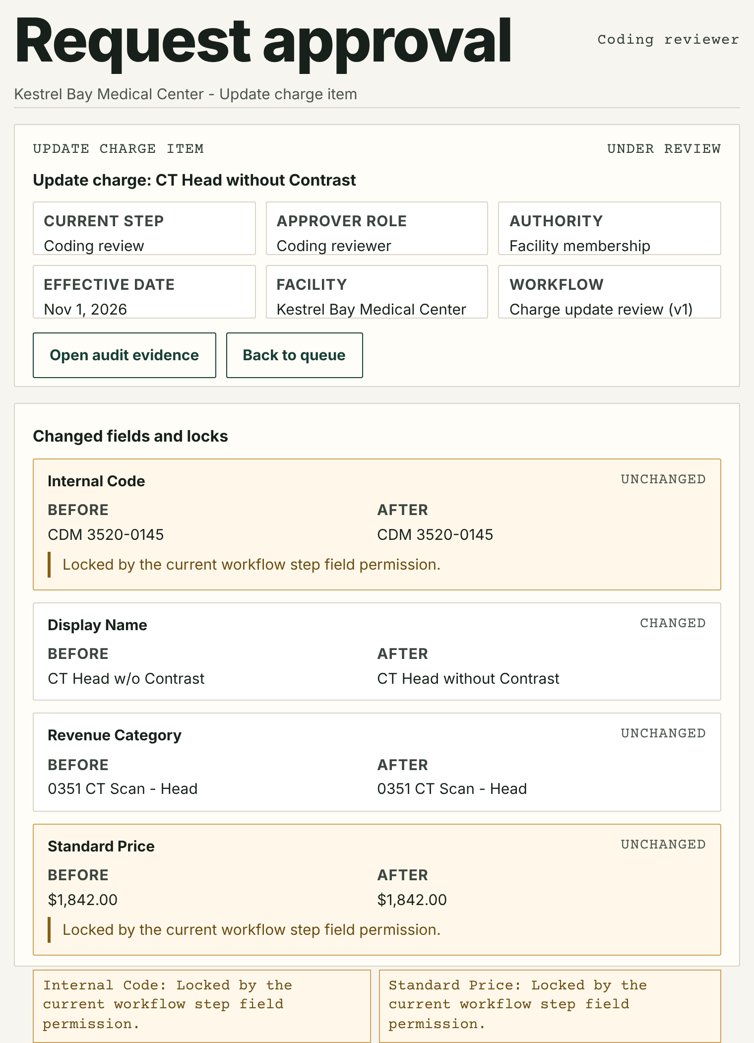 A change request with its workflow step, approver role, facility and a field-by-field before and after